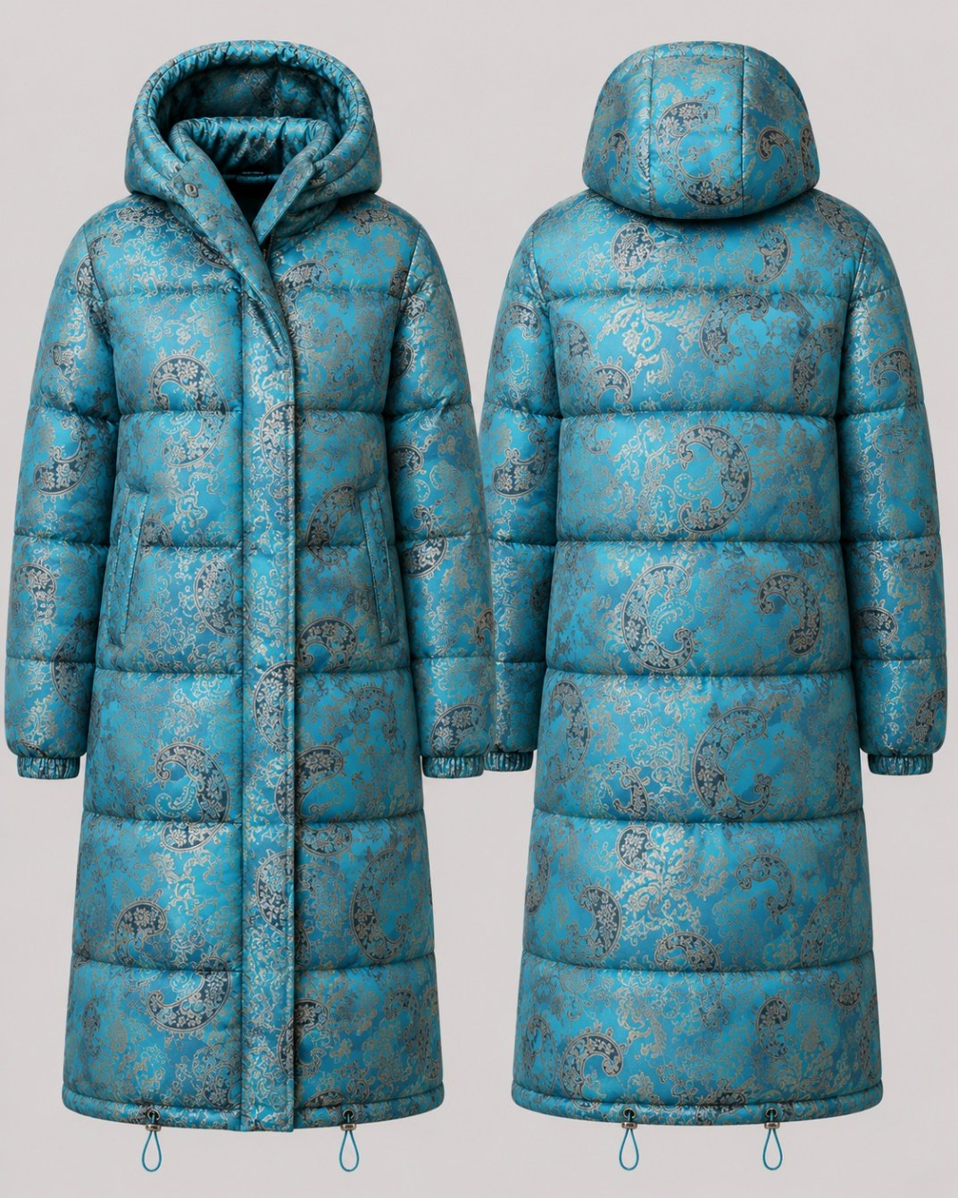 Home 25 turquoise gold long hooded puffer coat